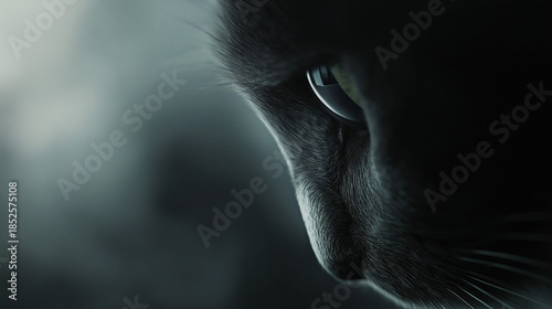 Dramatic Close-up of Black Cat Eye with Mystery Shadow and Soft Bokeh Background