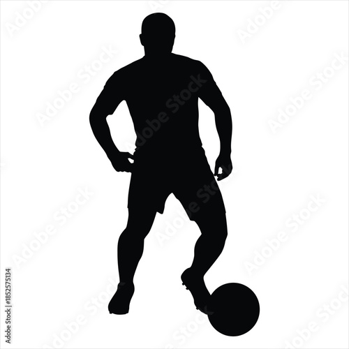 Title: Soccer player standing with ball silhouette, football athlete pose vector.