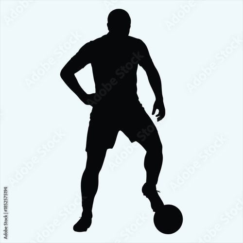 Soccer player standing with ball silhouette, football athlete in ready pose vector.