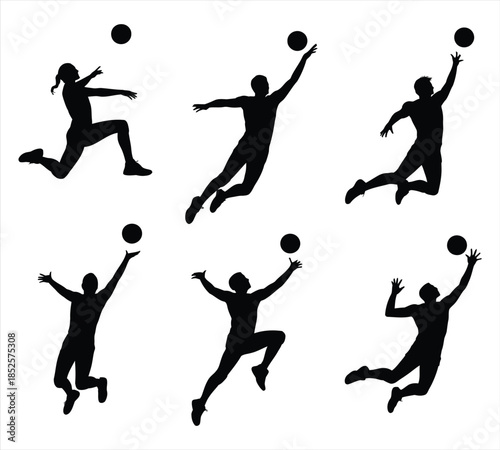 Professional volleyball player silhouettes, dynamic jumping and hitting action vector.