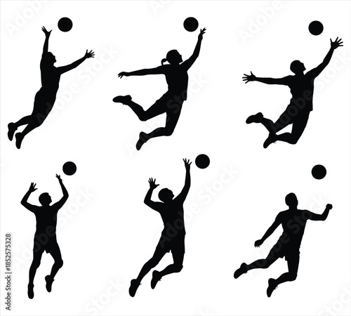 Volleyball players silhouette collection, athletes jumping and spiking ball vector set.