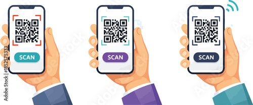 QR Code Scanning on Smartphone by Hand, Digital Payment Illustration Isolated on White