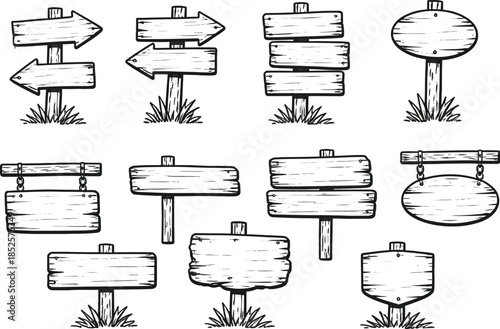 Hand-drawn Wooden Signposts Blank Direction Boards Set Isolated on White Sketch