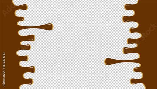 Hot chocolate drip illustration. Melting chocolate on transparent background. Drippy ice cream vector design. Wavy choco melt border. Brown chocolate drips illustration.	