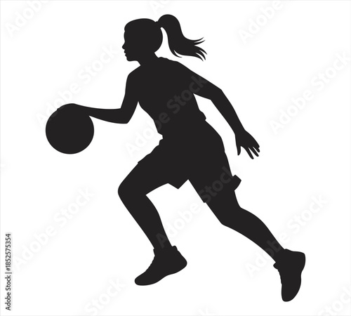 Female basketball player dribbling ball silhouette, girl athlete in action pose vector.