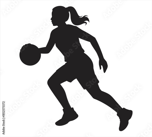 Girl playing basketball silhouette, active female athlete sports action vector.