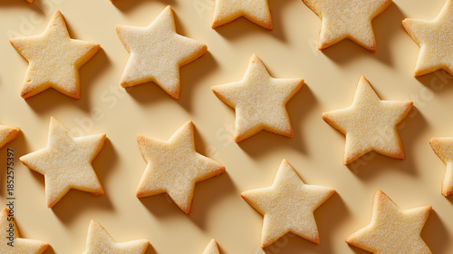 Baked star-shaped cookies arranged in a repeating pattern on a neutral background.