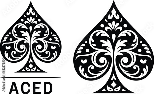 Decorative spade symbol, ornate ace card design, casino game icon, intricate poker emblem, vintage card suit graphic, black and white spade artwork, royalty flourish vector