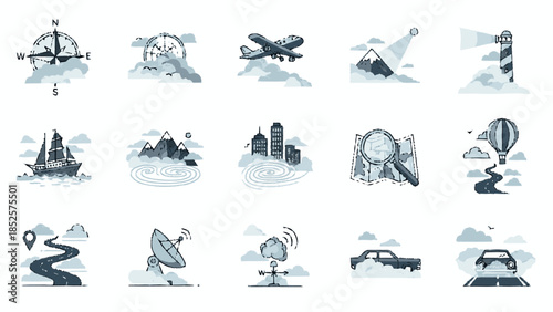 Collection of hand-drawn travel and navigation icons in a watercolor style.