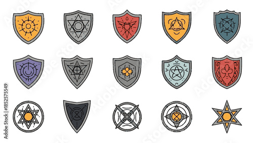 Collection of mystical and magical shield emblems with various symbols.