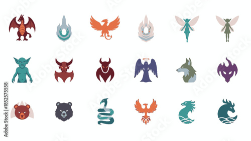 Collection of mythical creatures and fantasy animals in a flat design style.