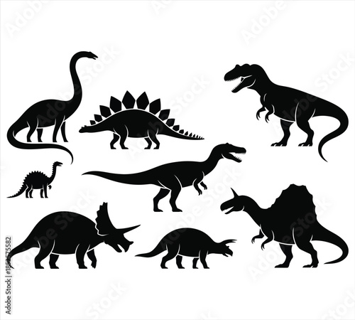 Prehistoric dinosaur silhouettes with shadow effect, t-rex and triceratops vector graphics.