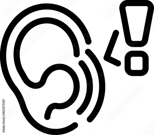 Stylized ear receiving sound waves with exclamation point, symbolizing auditory alert or notification