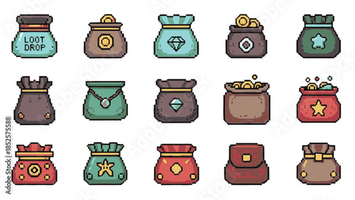 Collection of pixel art loot bags and treasure sacks filled with coins and gems.