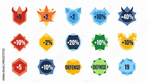 Collection of colorful game badges and icons with various stats and percentages.