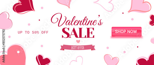 Horizontal Valentines Day sale banner with elegant typography, romantic design elements and a prominent Shop Now button. Modern promotional layout for seasonal discounts, online stores, holiday market