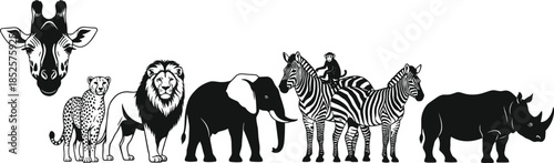 Set of African safari animal silhouettes including lion, elephant, giraffe, zebra, rhino and cheetah, wild wildlife nature collection isolated on white.