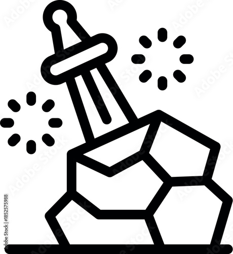 Legendary sword stuck in stone emitting sparkles, depicted in a simple and elegant minimalist style