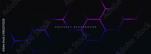 Dark hexagon abstract technology background with blue and pink colored bright flashes under hexagon. Hexagonal gaming wide vector honeycomb abstract tech background.