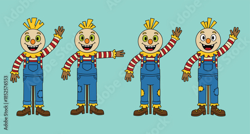 Cute scarecrow cartoon character, kids Halloween illustration, farm scarecrow costume, animated scarecrow design, vector scarecrow mascot, colorful scarecrow drawing, overalls, autumn theme