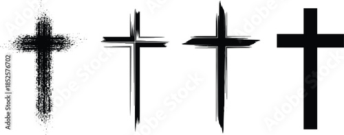 Set of Christian cross silhouettes in various artistic styles, grunge, brush stroke and clean minimalist religious symbols isolated on white.