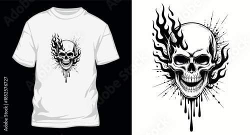 Skull head with fire and splash ink vector illustration for t-shirt design