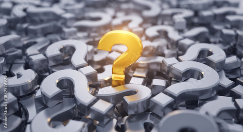 Image of many metallic question mark symbols, one of them gold. The concept is problem solving, or being unique and outstanding, or idea generation