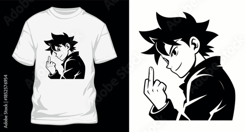 Manga anime boy character showing middle finger on t-shirt design concept for edgy street fashion