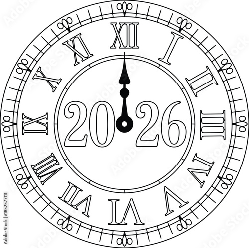 A black and white illustration of a clock face displaying the year 2026 from a direct frontal viewpoint