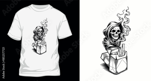 Smoking skull in a hood from a cigarette pack vector illustration on white t-shirt mockup and background for t-shirt design