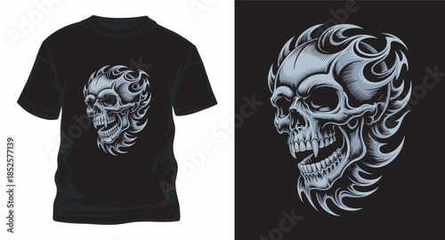 Aggressive flaming skull vector illustration on black t-shirt mockup and dark background for t-shirt design