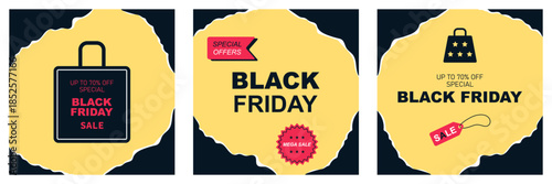 Set 3 square Black Friday web banners with torn paper around edges. Text in center. vector illustration. Template, layout, poster and banner for sales, discounts, Black Friday, Cyber Monday, advertisi
