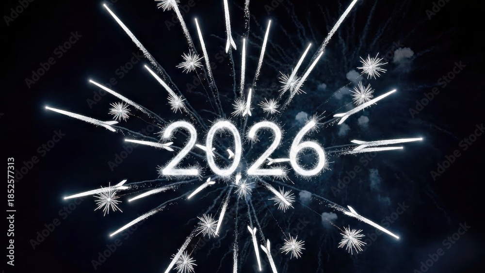 Fototapeta premium 2026 Celebration With Fireworks-Inspired Shapes Frozen in Motion, White