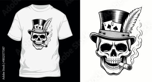 Skeleton skull wearing top hat smoking cigar t-shirt design