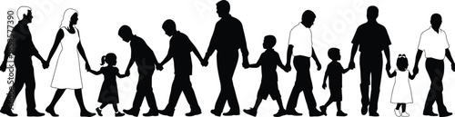 Set of family silhouettes walking and holding hands, parents and children bond together, group of people walking in a row.