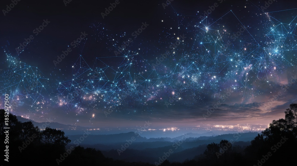 Naklejka premium A panoramic nightscape depicts a dark sky filled with interconnected points of light, above layered mountain ranges and a distant city