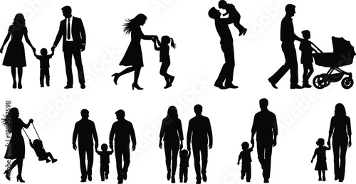 Set of family silhouettes with parents and children playing, walking together, and nurturing babies for a happy domestic life concept.