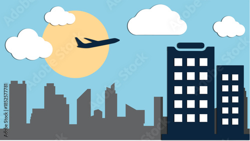 Minimalist City Skyline with Air plane at Sunset