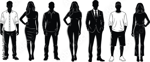 Set of men and women silhouettes in various clothing styles from casual to formal business wear, diverse people standing together.