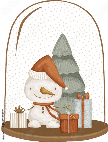 Illustration with a snowman, Christmas trees and Christmas gifts. Illustration for design, cards, print, pattern, isolated on a transparent background