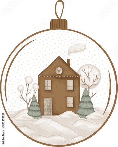 Christmas illustration with a house, Christmas trees and snow. Nordic Illustration for design, cards, print, pattern, isolated on a transparent background