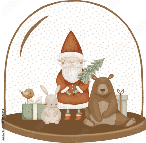 Illustration with Santa, bear, bunny, Christmas trees and Christmas gifts. Illustration for design, cards, print, pattern, isolated on a transparent background