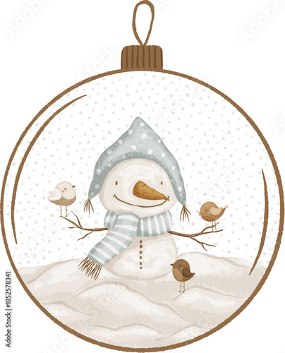 Illustration of a Christmas tree toy with a snowman, birds and snow. Nordic Illustration for design, cards, print, pattern, isolated on a transparent background