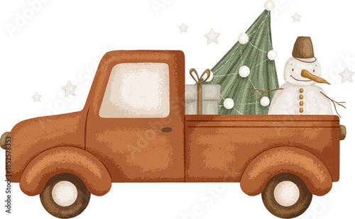 Christmas illustration of a red truck with a snowman, a Christmas tree and gifts. Scandinavian Illustration for design, cards, print, pattern, isolated on a transparent background