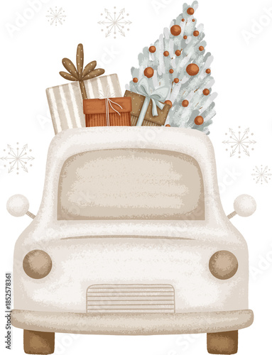 Illustration of a white Christmas car with a Christmas tree and gifts. Scandinavian Illustration for design, cards, print, pattern, isolated on a transparent background