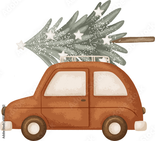 Illustration of a red Christmas car with a Christmas tree. Nordic Illustration for design, cards, print, pattern, isolated on a transparent background