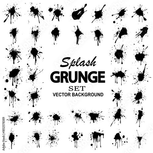 Ink blots. Black ink paint splatter, drops and splashes. Inking spray stains, dripping liquid. Muddy inkblot flecks silhouettes isolated. Vector set illustration