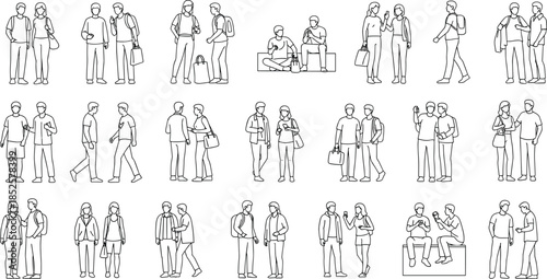 Set of outlined diverse people silhouettes standing talking and walking, community figures for architectural visualization and urban design isolated on white.