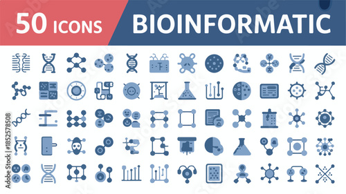 A collection of 50 diverse bioinformatics icons presented in a clean, modern line art style, perfect for scientific and technological applications