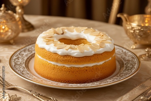 Golden Cake with White Cream and Almonds on a Luxurious Table